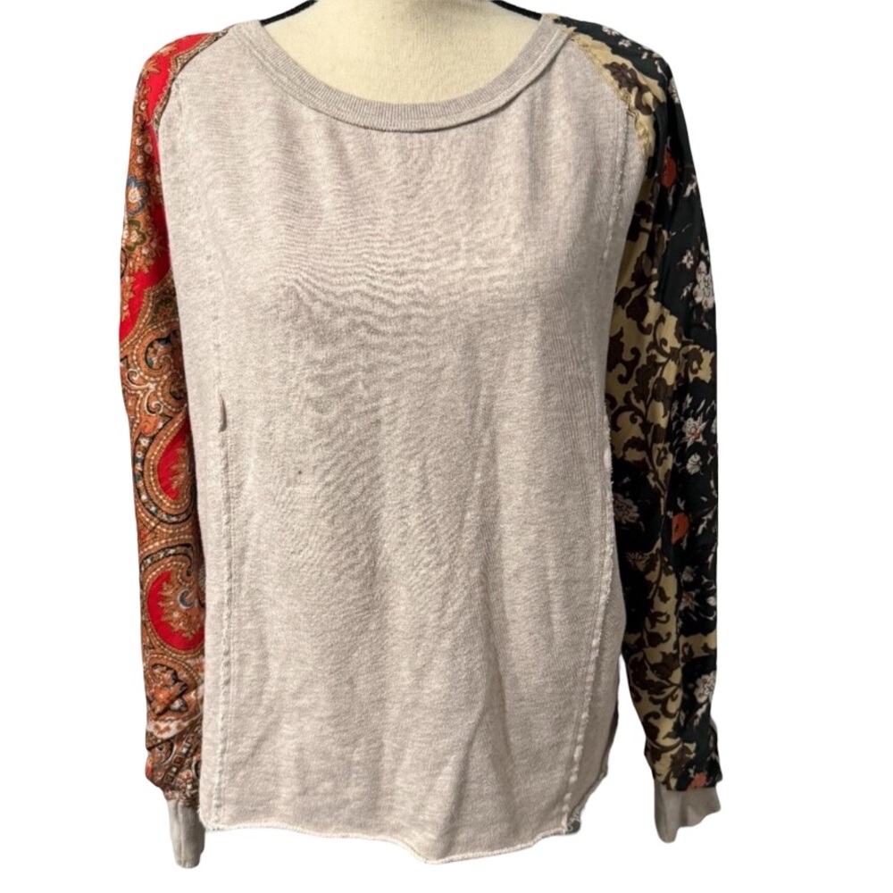 Free People Tan Sweatshirt with Patterned Sleeves Size S